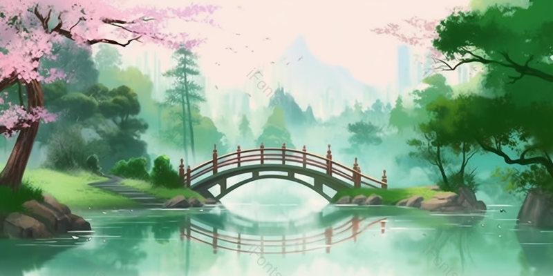 中国风水墨山水桥梁桃林背景,插画/手绘图,插画/手绘图库,插画/手绘图下载,插画/手绘